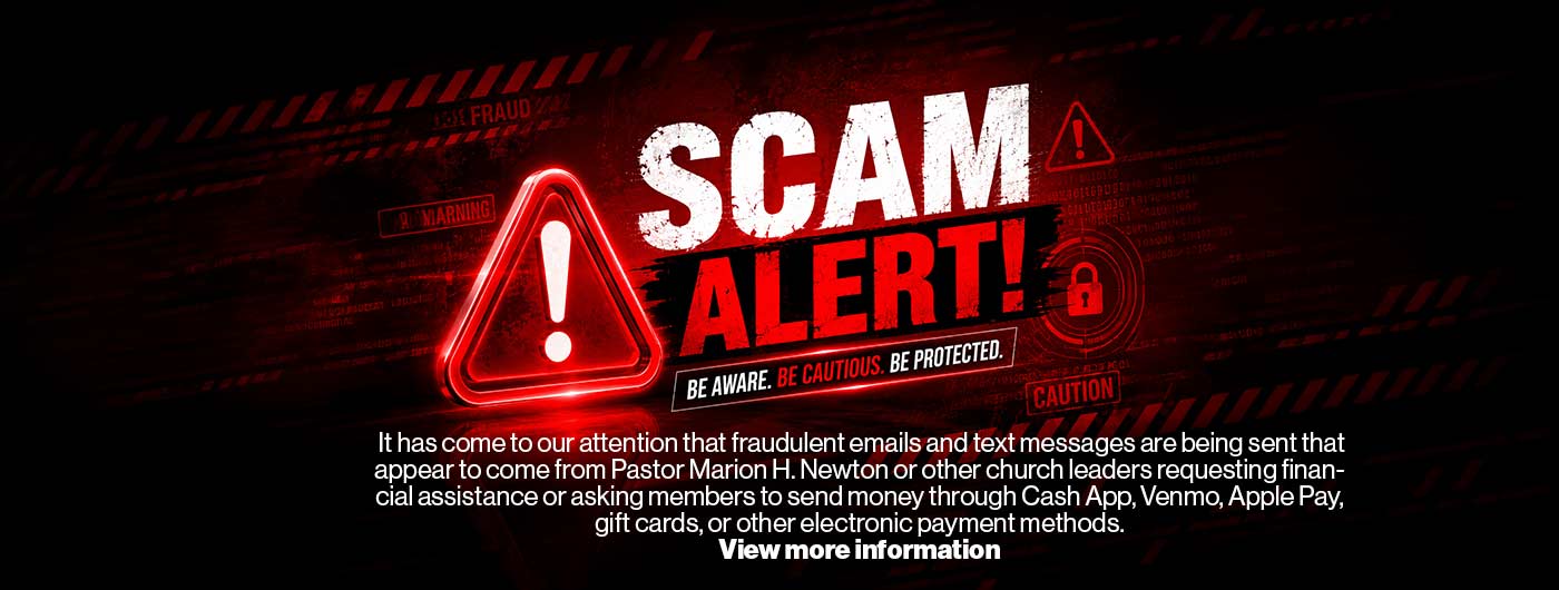 red and black scam alet banner with cautioni signs. click for details.